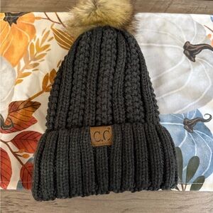 C.C Charcoal Knit Beanie with Faux Fur Pom #208